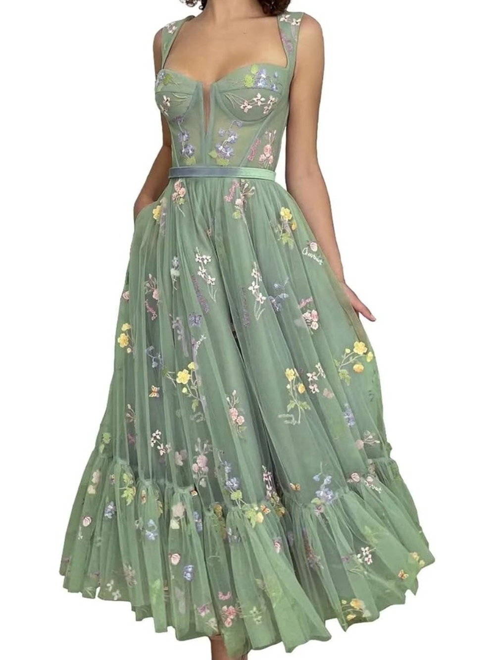 Elegant Green Floral Tulle Wedding Dress with Corset Bodice
